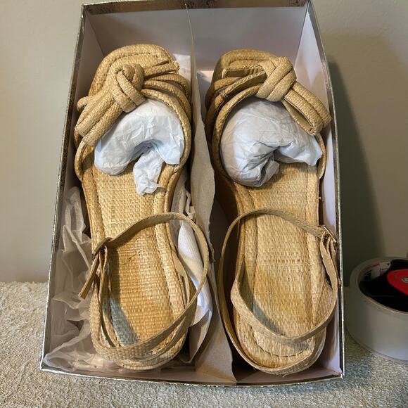 Raffia Platform Sandals SZ 10 Women Bow Ankle Strappy Espadrille Wedges Open Toe - Picture 9 of 9